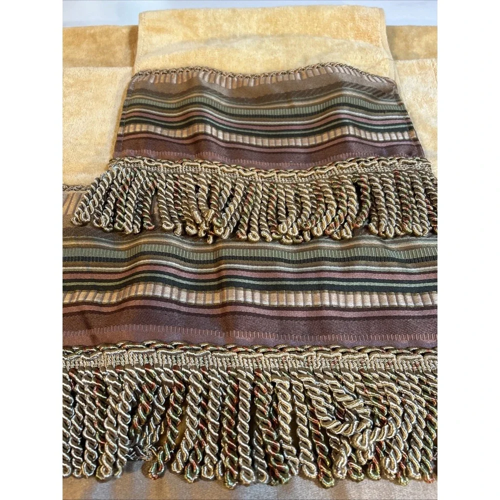 Vintage Croscill Carrington Aqua Cotton Gold‎ Fringe Trimmed Bath Towel Set Of 3